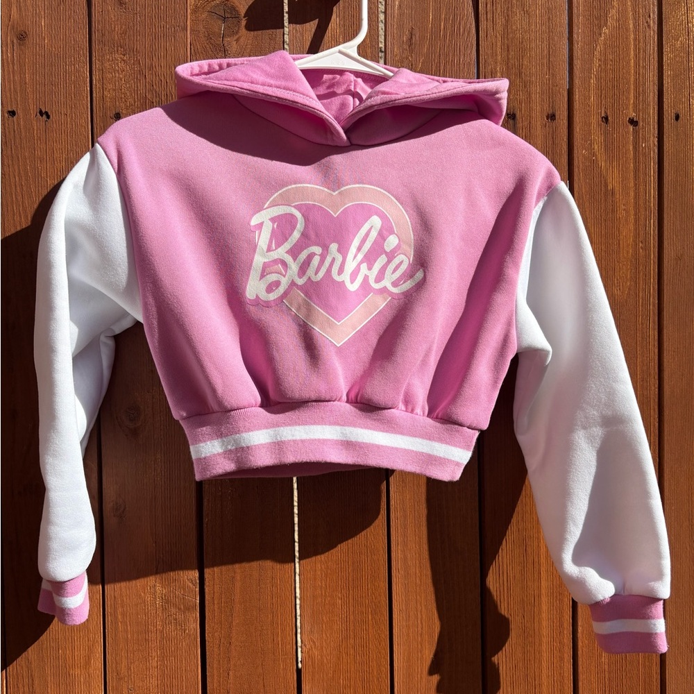 Barbie Heart Logo Pink and White Cropped Hoodie